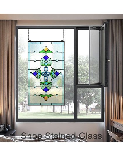 Tiffany Style Victorian Stained Glass Window Panel – Handmade Decorative Hanging Suncatcher (15" x 26")