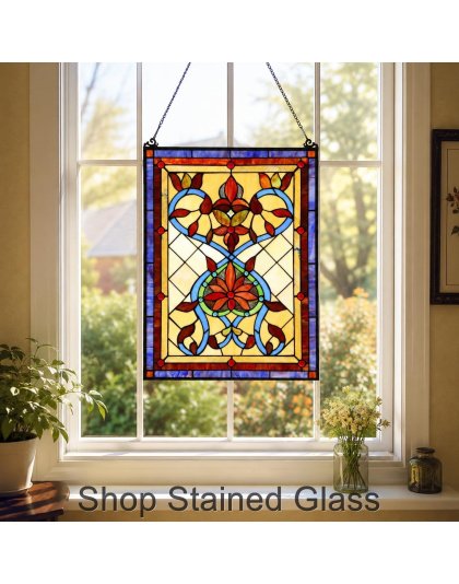 Handcrafted Floral Tiffany Style Stained Glass Window Panel – Decorative Hanging Suncatcher Art