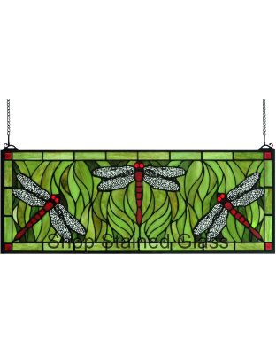 Horizontal Dragonfly Tiffany Style Stained Glass Window Panel – Handcrafted Decorative Art Suncatcher