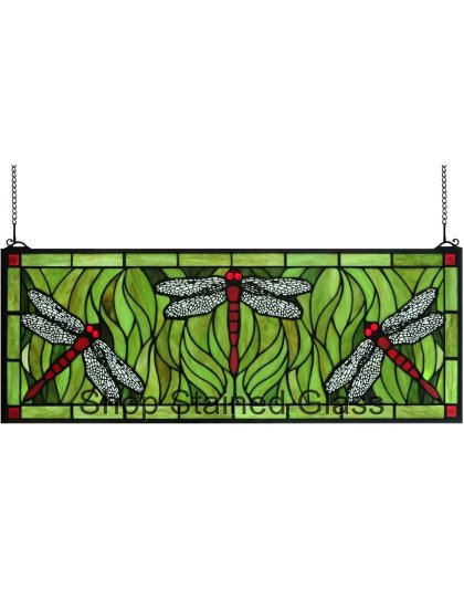 Horizontal Dragonfly Tiffany Style Stained Glass Window Panel – Handcrafted Decorative Art Suncatcher