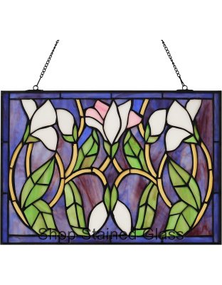 Handmade Floral Stained Glass Window Panel – Decorative Rectangular Hanging Suncatcher