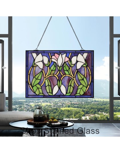 Handmade Floral Stained Glass Window Panel – Decorative Rectangular Hanging Suncatcher